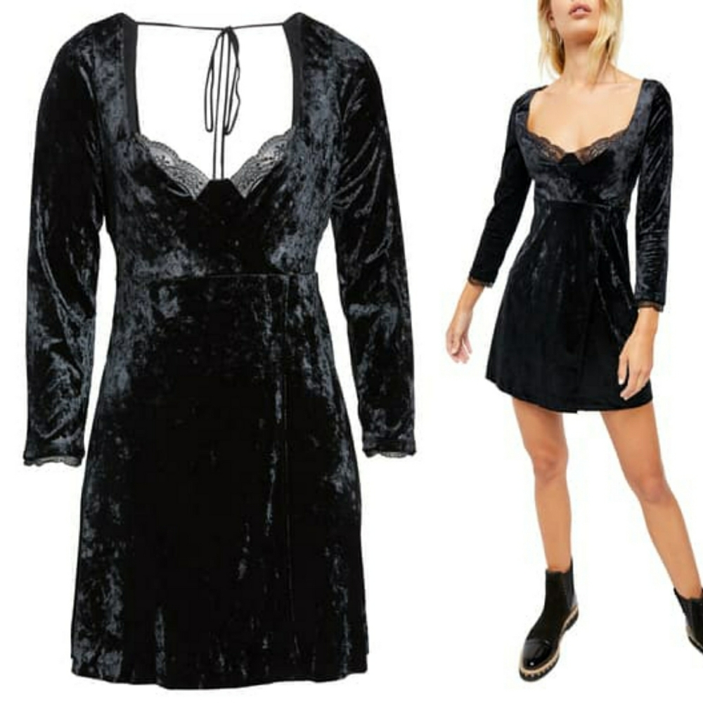 Free People Kat Long Sleeve Faux Wrap Velvet Mini